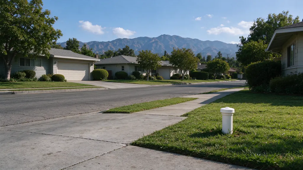 Street of 1950s ranch homes below the mountains with a sewer cleanout cap in a front lawn