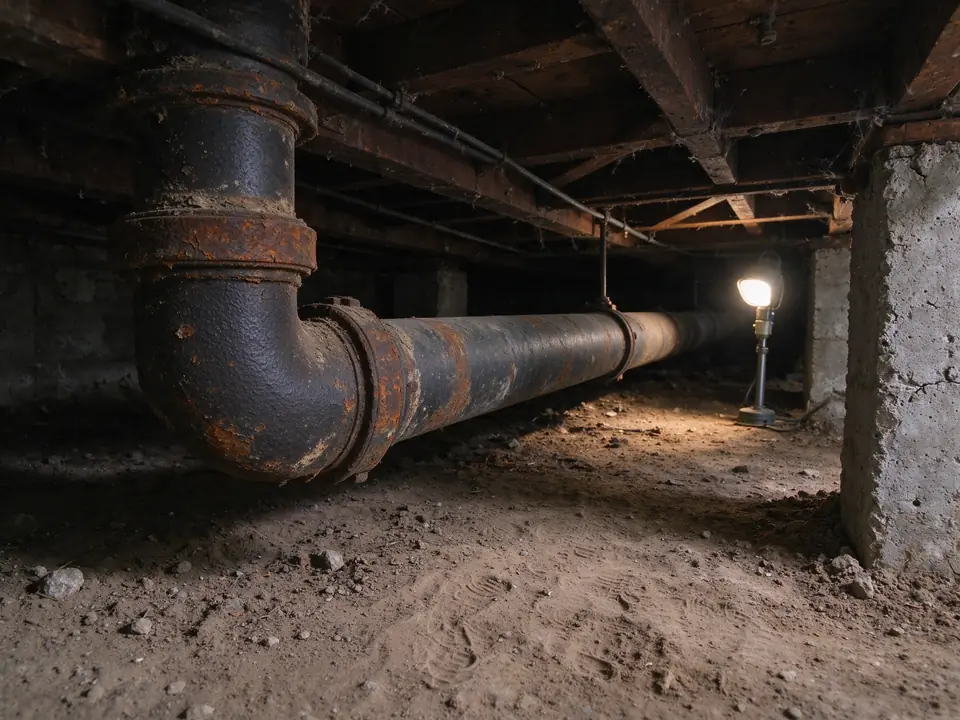 Corroded cast iron drain with heavy scale at a hub joint in a Los Angeles crawlspace