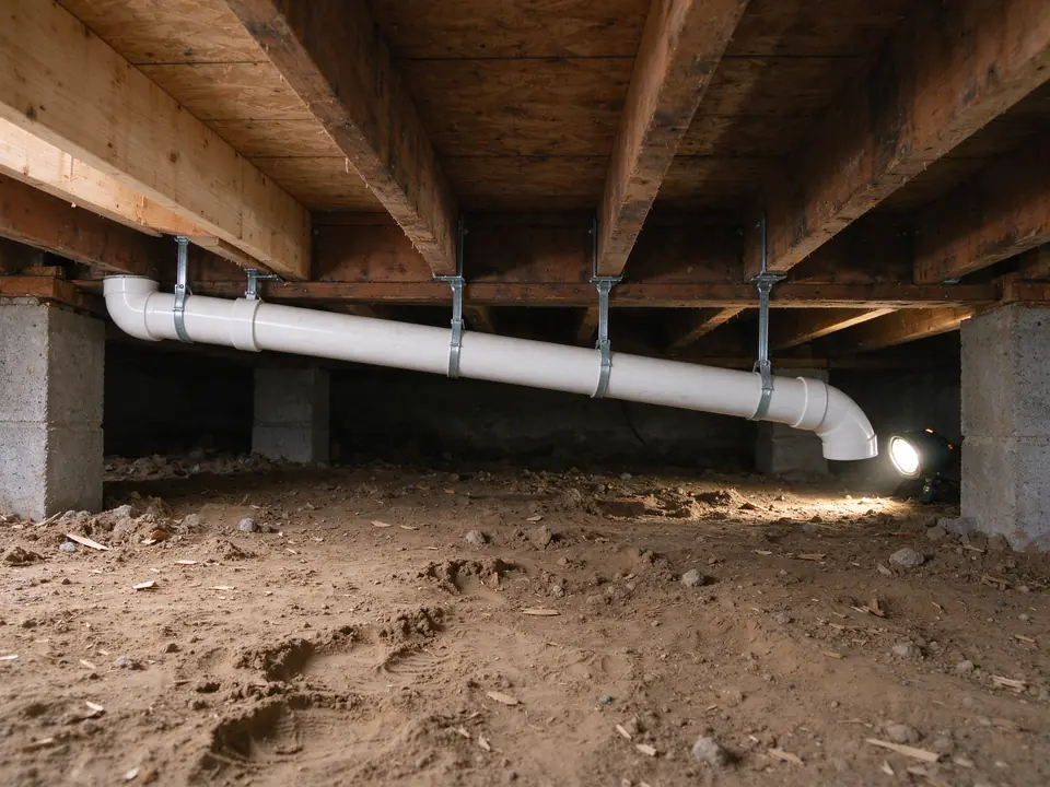 New PVC drain line hung on straps beneath the floor of a raised-foundation house