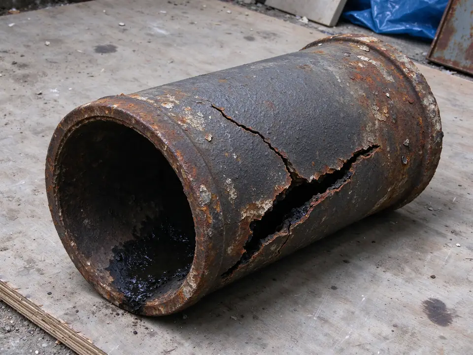 Removed cast iron sewer pipe showing a rotted channel along its bottom