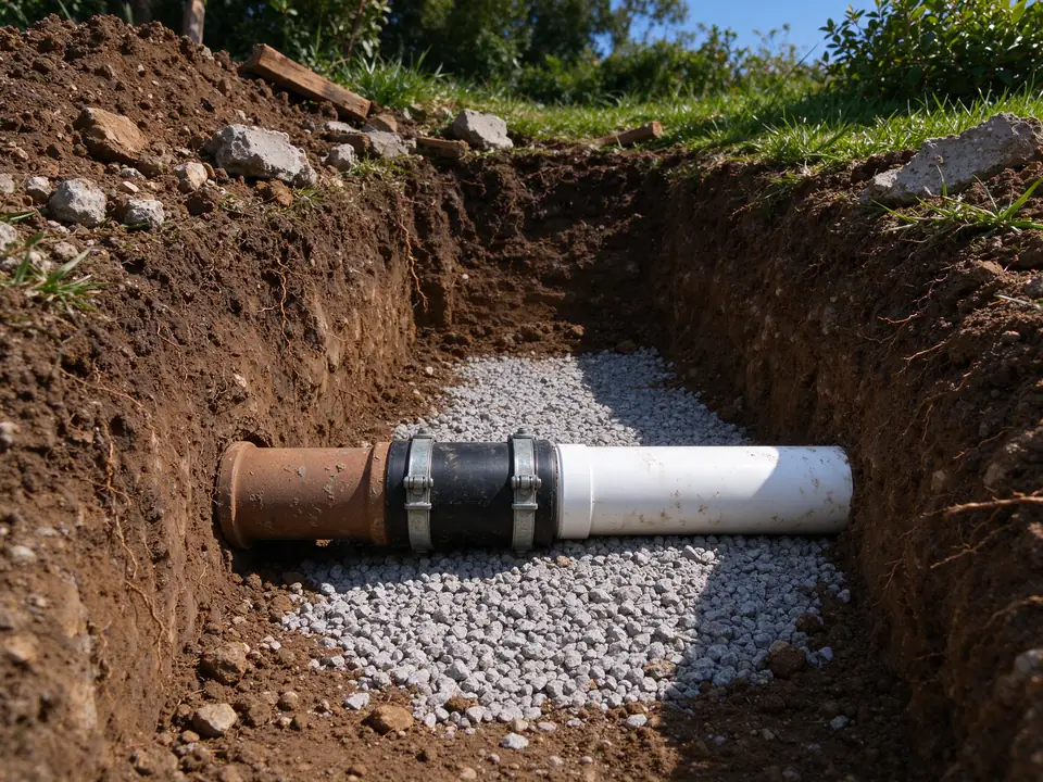 Transition coupling joining an old clay sewer pipe to new PVC on gravel bedding