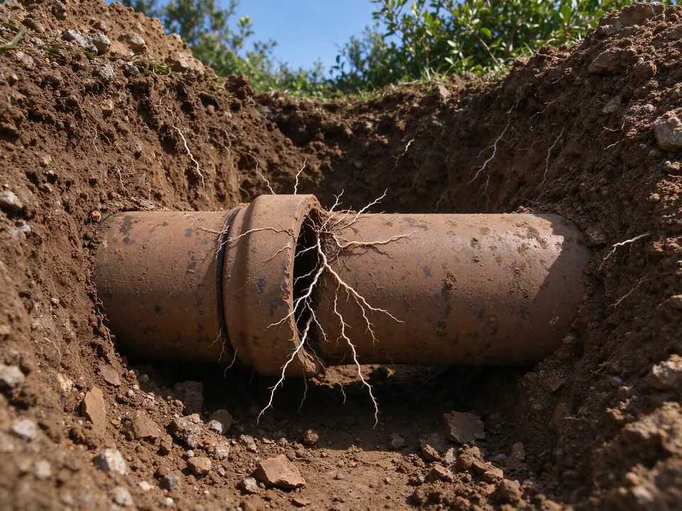 Separated clay sewer pipe joint with fine roots growing into the gap
