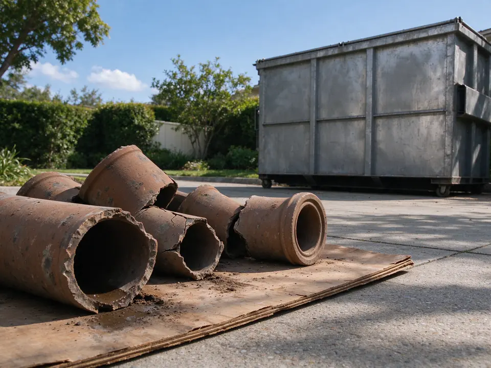 Removed sections of old clay sewer pipe stacked on a Los Angeles driveway