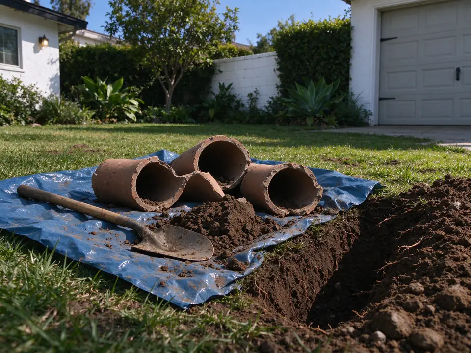 Broken pieces of a collapsed clay sewer pipe removed from an excavation