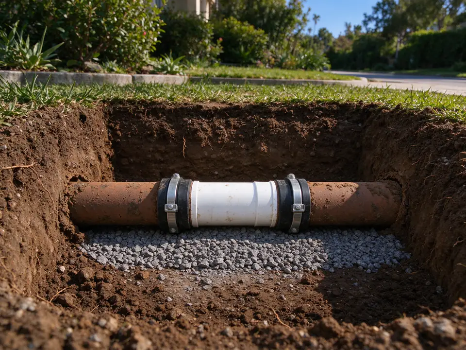 New PVC section with shielded couplings replacing a collapsed segment of clay sewer pipe
