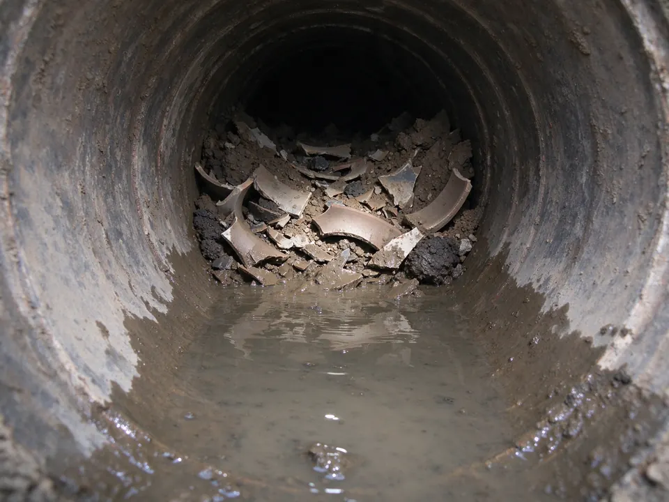 Sewer camera view of a collapsed clay pipe filled with soil and broken fragments
