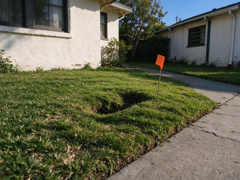 Sunken hollow in a Los Angeles lawn above a failing sewer line, marked with a flag