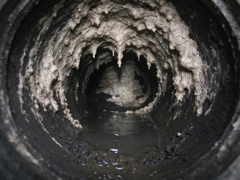 Sewer camera view of heavy grease buildup narrowing a commercial sewer line