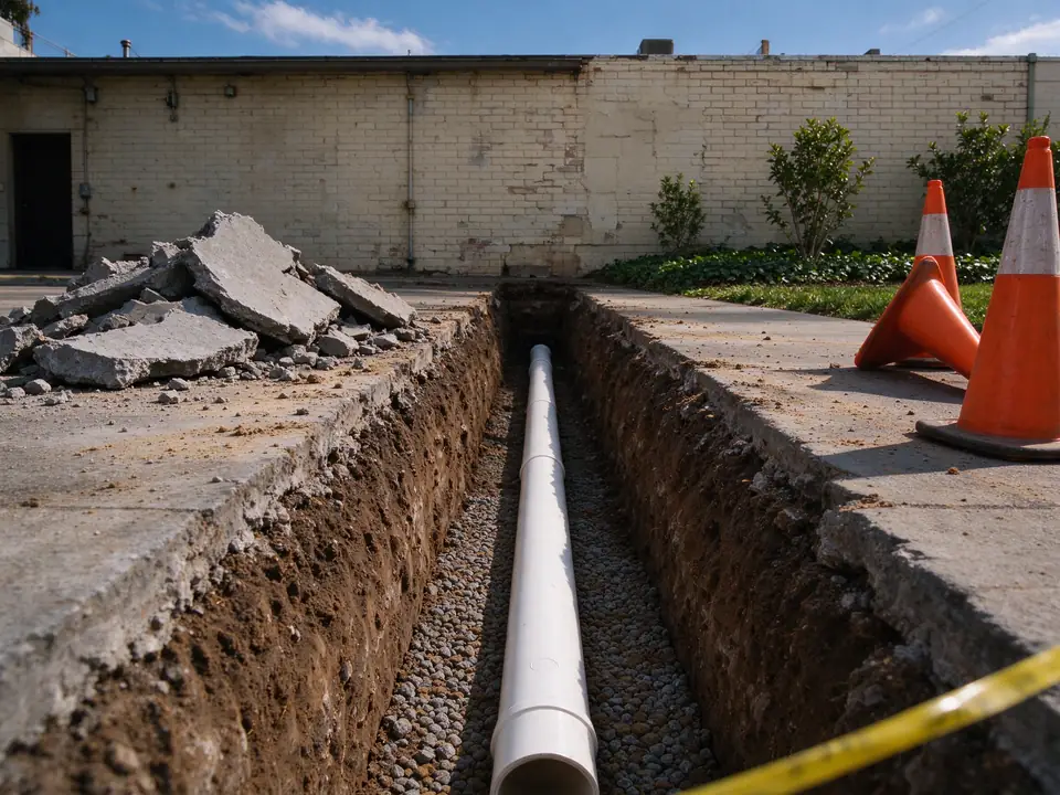 New PVC sewer line in a trench along a commercial building in Los Angeles