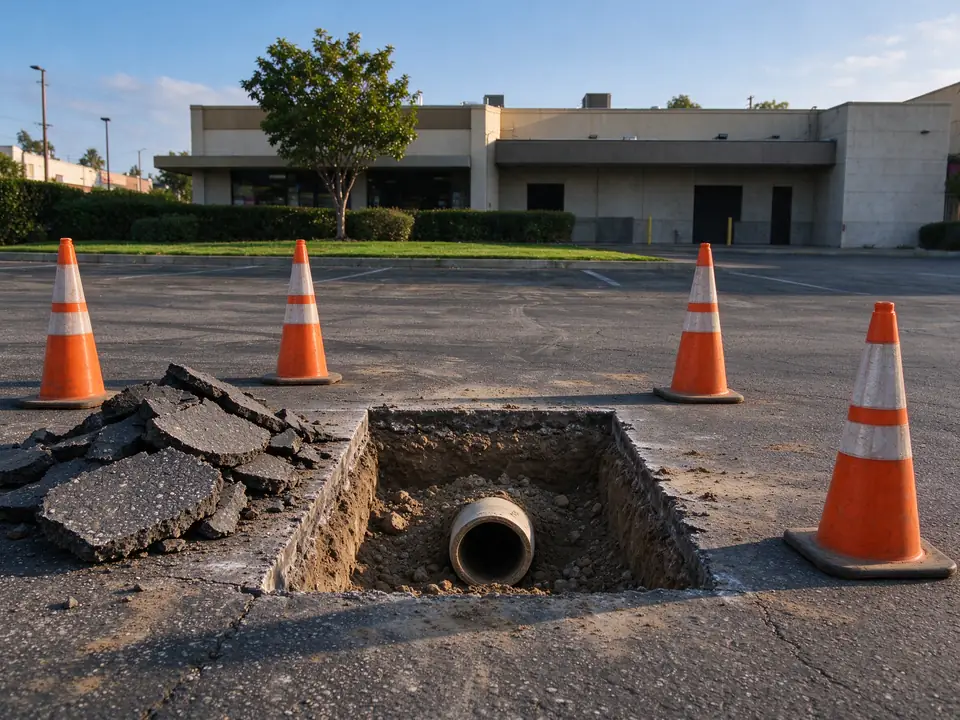 Saw-cut excavation in a commercial parking lot exposing a sewer pipe