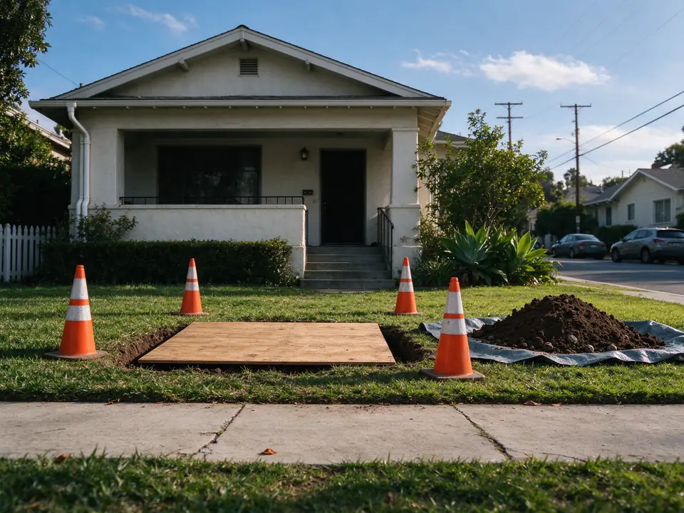 Sewer repair pit safely covered with plywood and cones in a Los Angeles front yard