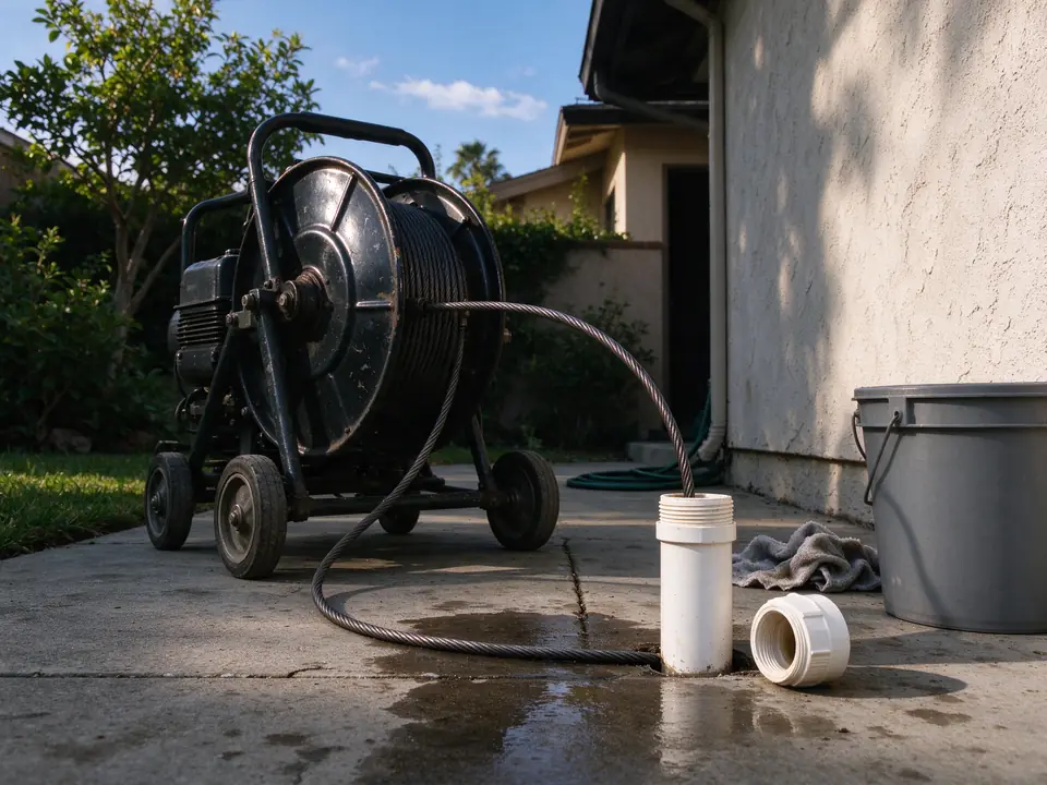 Drain cleaning machine running cable into a sewer cleanout at a Los Angeles house