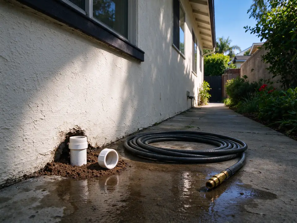 Open sewer cleanout beside a Los Angeles stucco wall with a jetter hose coiled beside it