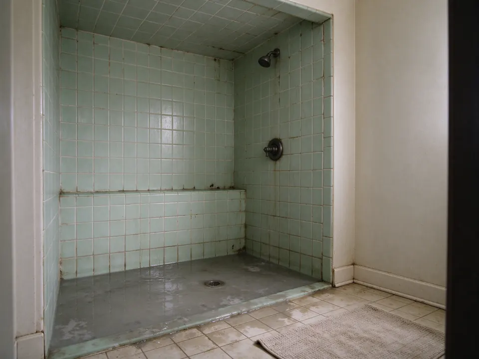 Gray water backed up in a shower drain in an older Los Angeles bathroom