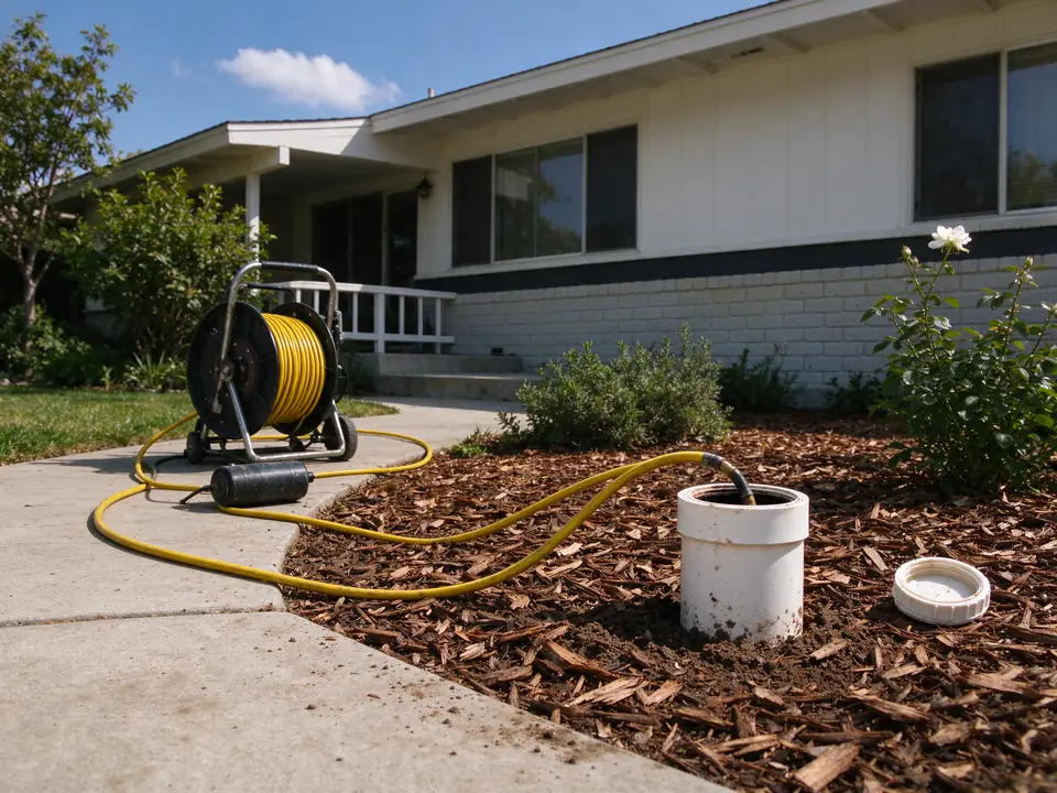 Sewer camera cable fed from a reel into a front planter cleanout at a Los Angeles ranch house