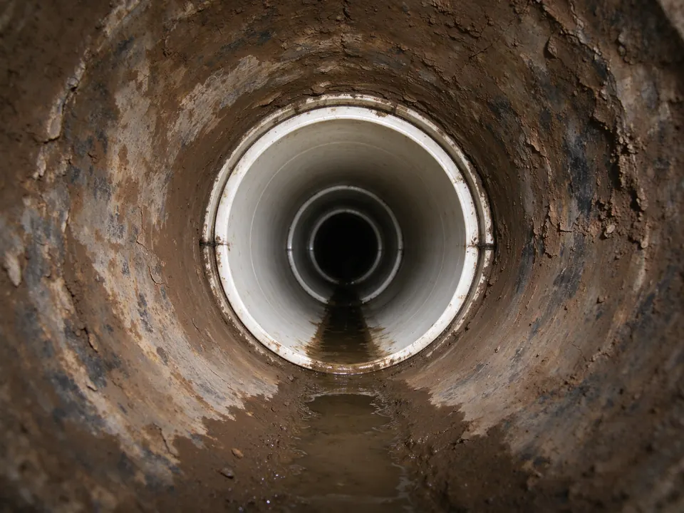 Sewer camera view where an old clay pipe transitions to a newer white PVC section
