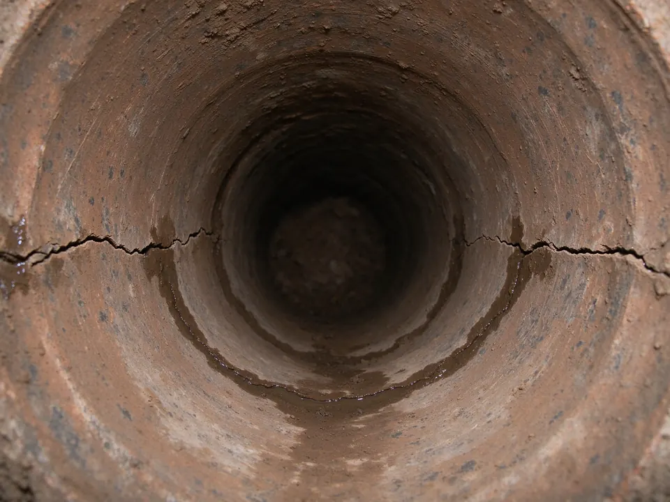 Sewer camera view of a hairline circumferential crack in a clay sewer pipe