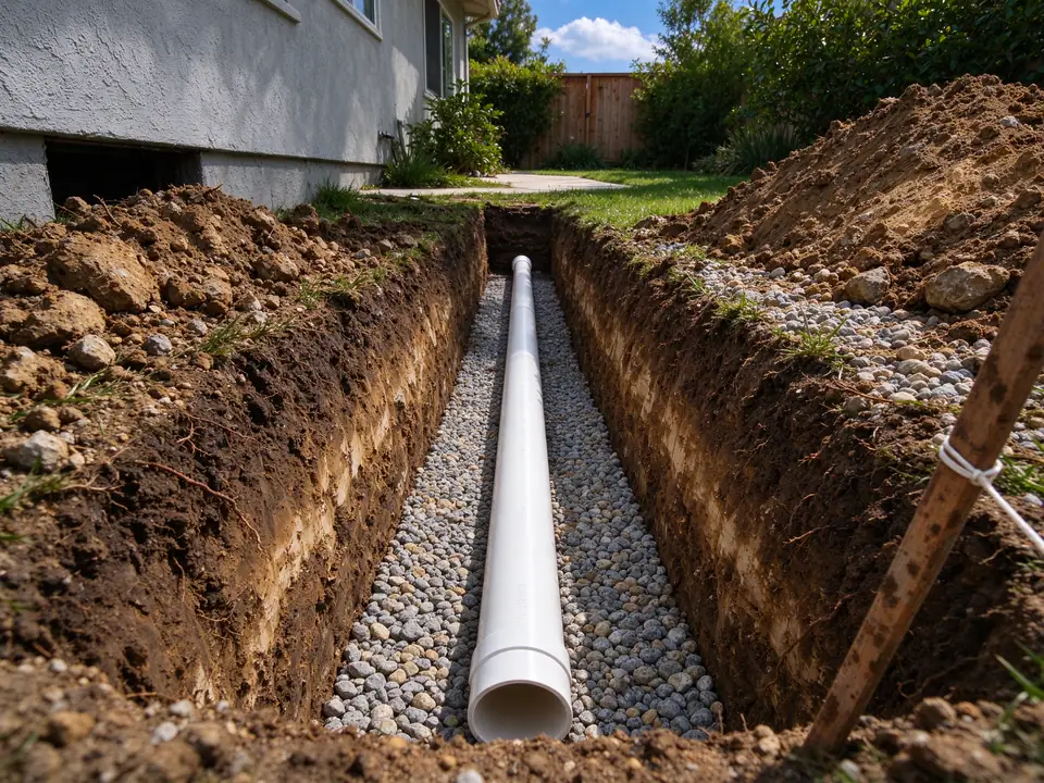 Narrow trench with a new white PVC sewer lateral on gravel bedding in a Los Angeles yard