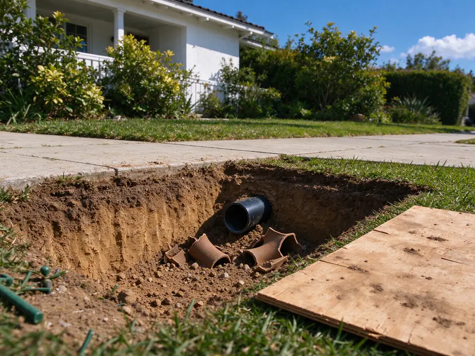 Exit pit with new HDPE pipe emerging among burst clay pipe fragments