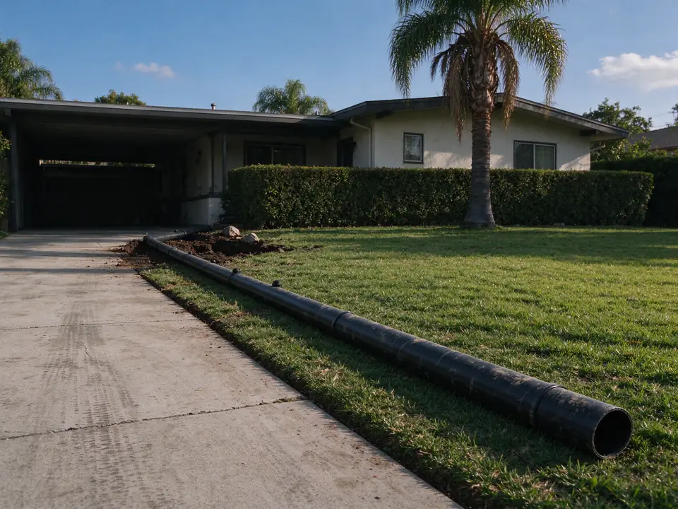 Fused HDPE sewer pipe laid along a Los Angeles front lawn before pipe bursting