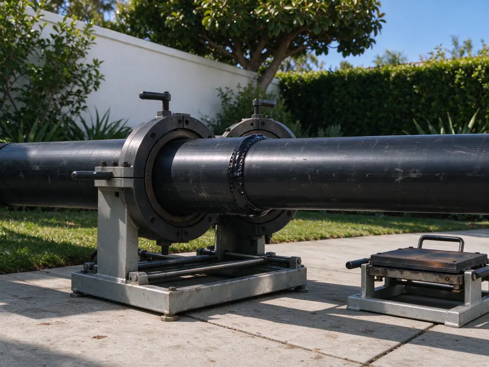 Black HDPE pipe joined by butt fusion, with the heater plate on its stand