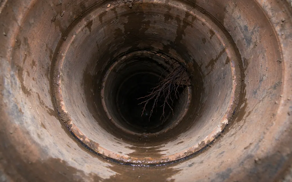 Sewer camera view down a clay pipe with a root mass growing in at a joint