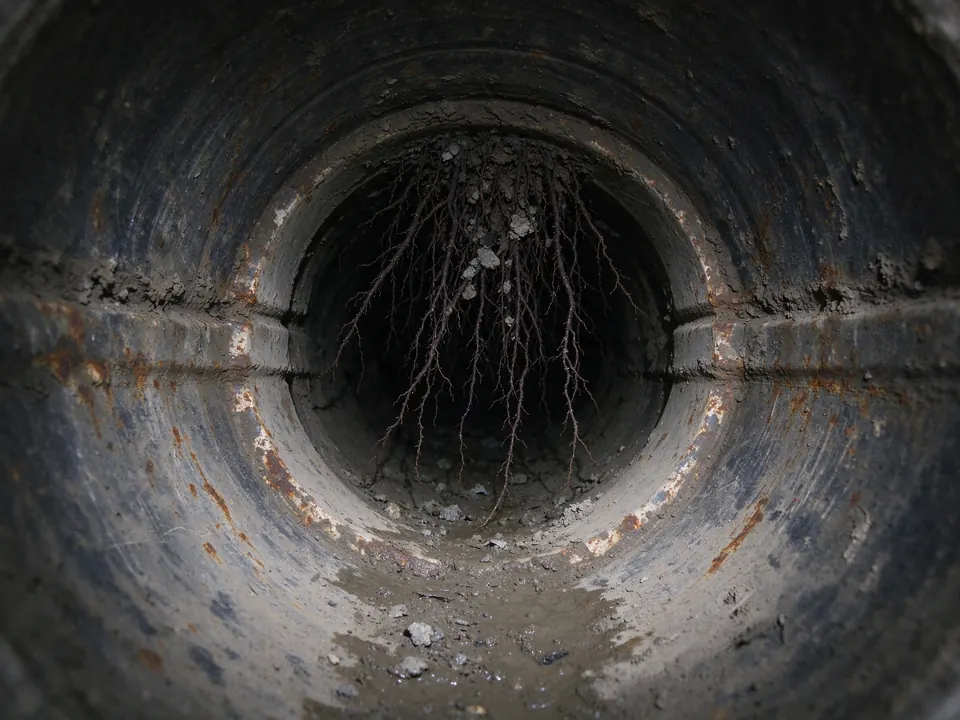Sewer camera view of fine roots hanging into an old sewer pipe at a joint
