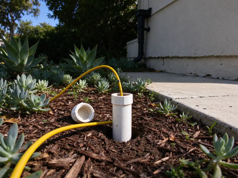 Sewer camera push cable fed into an open cleanout in a Los Angeles garden bed
