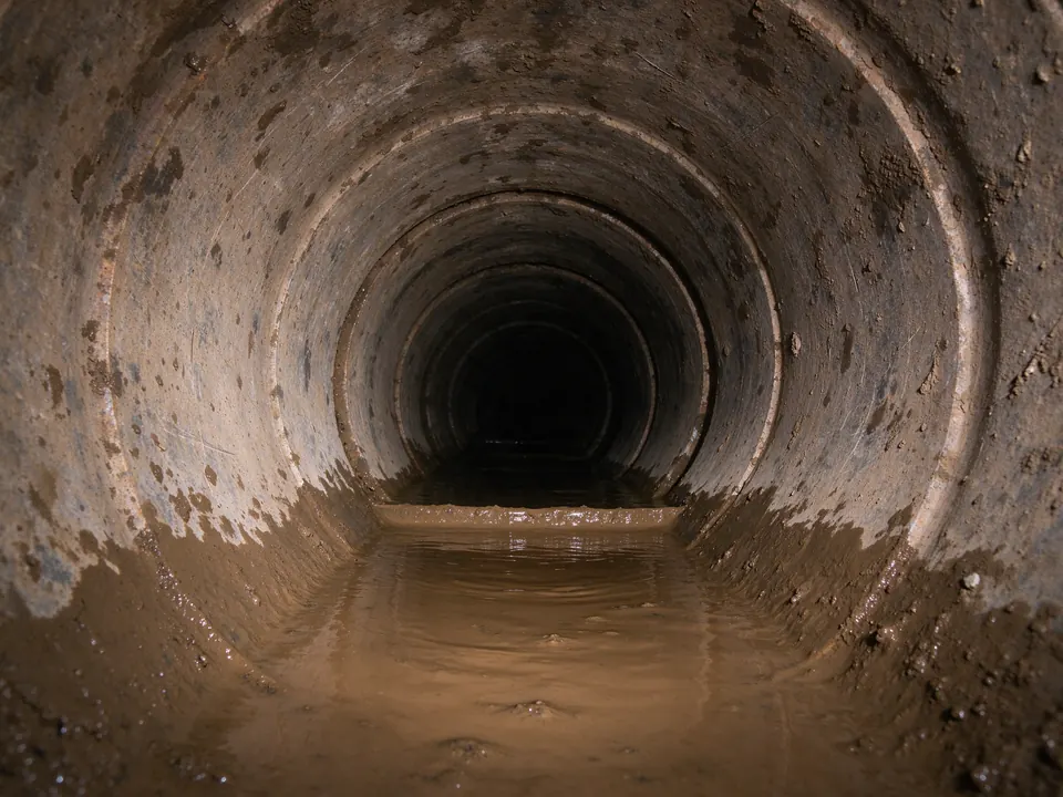 Sewer camera view of a joint lip holding back muddy water in a sewer lateral