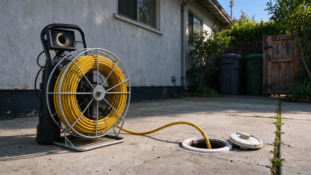Sewer camera reel feeding cable into a flush cleanout in a Los Angeles side yard