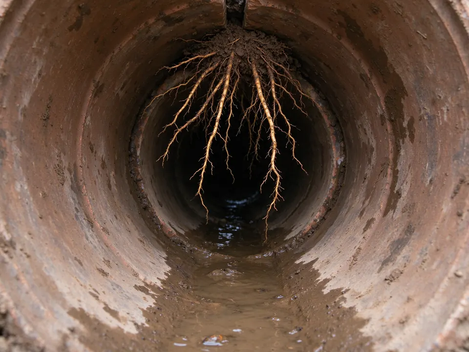 Sewer camera view of tree roots entering a clay pipe joint