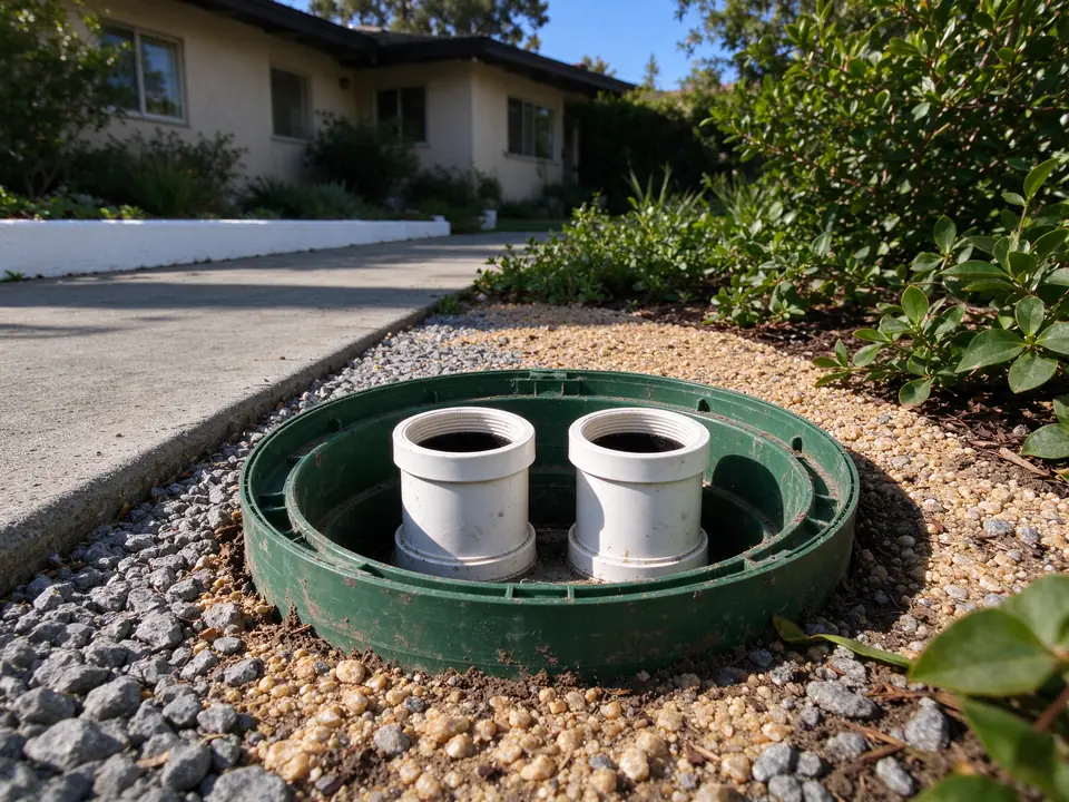 Two sewer cleanout risers in a round valve box set in a gravel strip beside a walkway