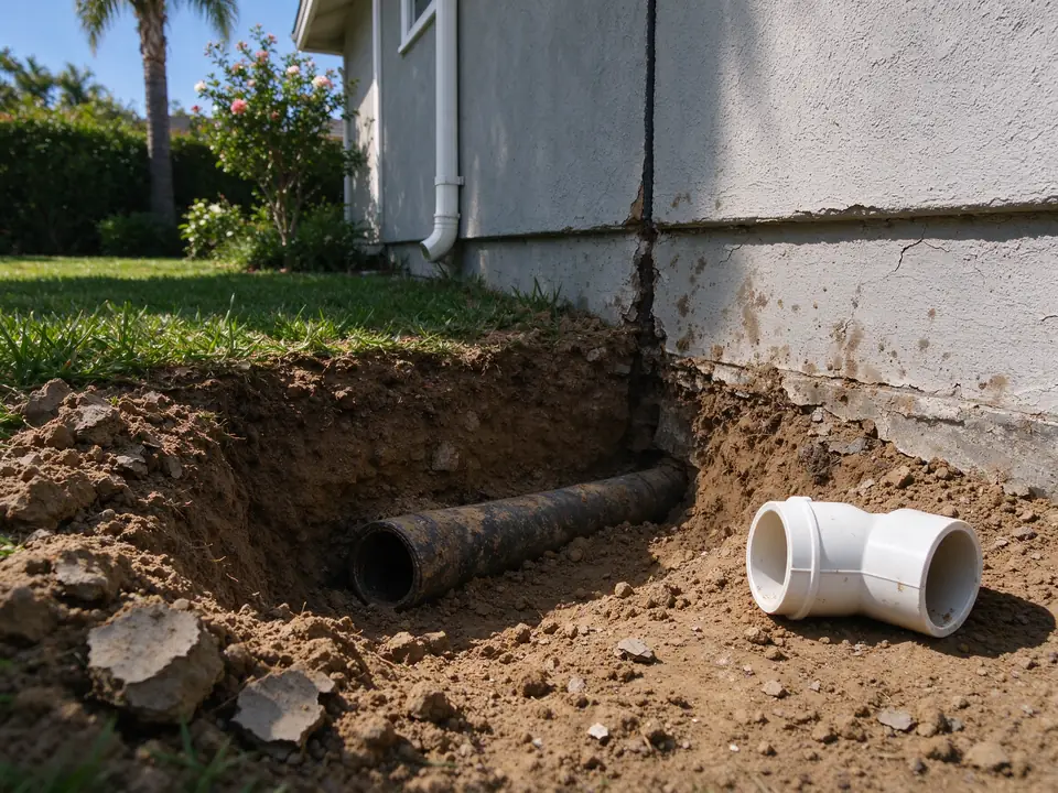 Excavation at a house foundation exposing the building sewer where a new cleanout fitting will be installed