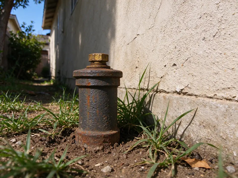 Old rusted cast iron cleanout with a brass plug at the base of a Los Angeles stucco wall