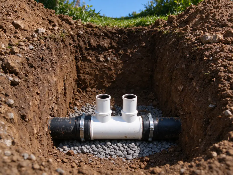 Two-way cleanout fitting installed in line on a sewer pipe, with risers pointing up to grade
