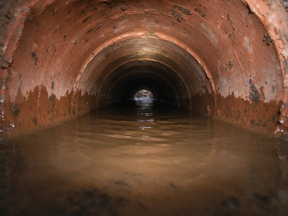 Sewer camera view at the waterline in a clay pipe holding water in a belly