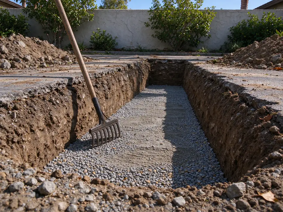 Compacted gravel bedding prepared in a sewer trench before laying new pipe