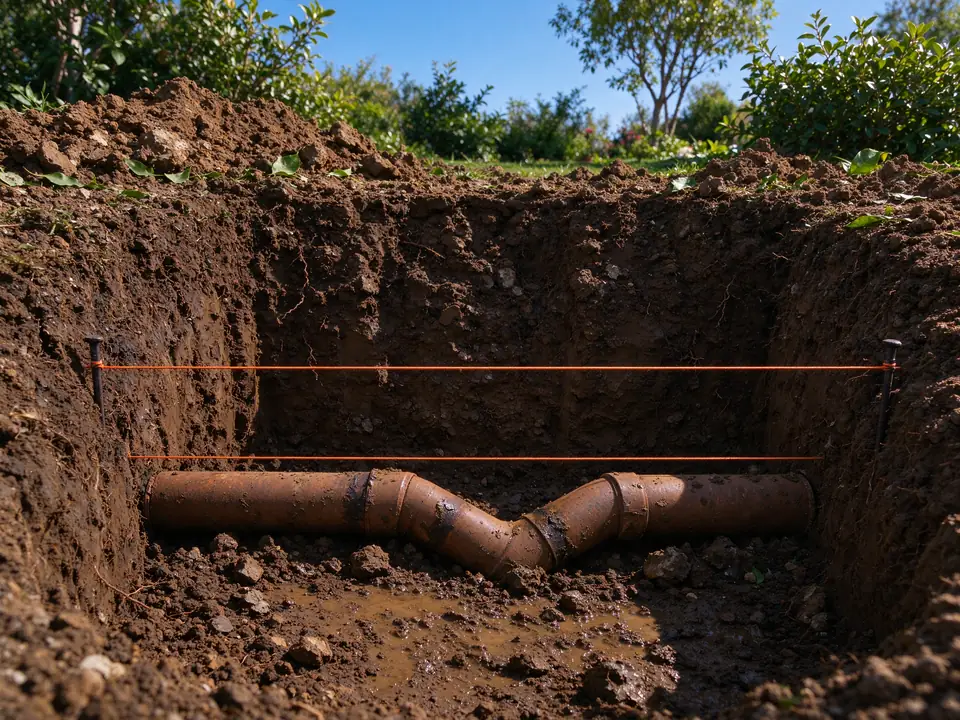 Excavation exposing a sagging clay sewer pipe below a taut string line