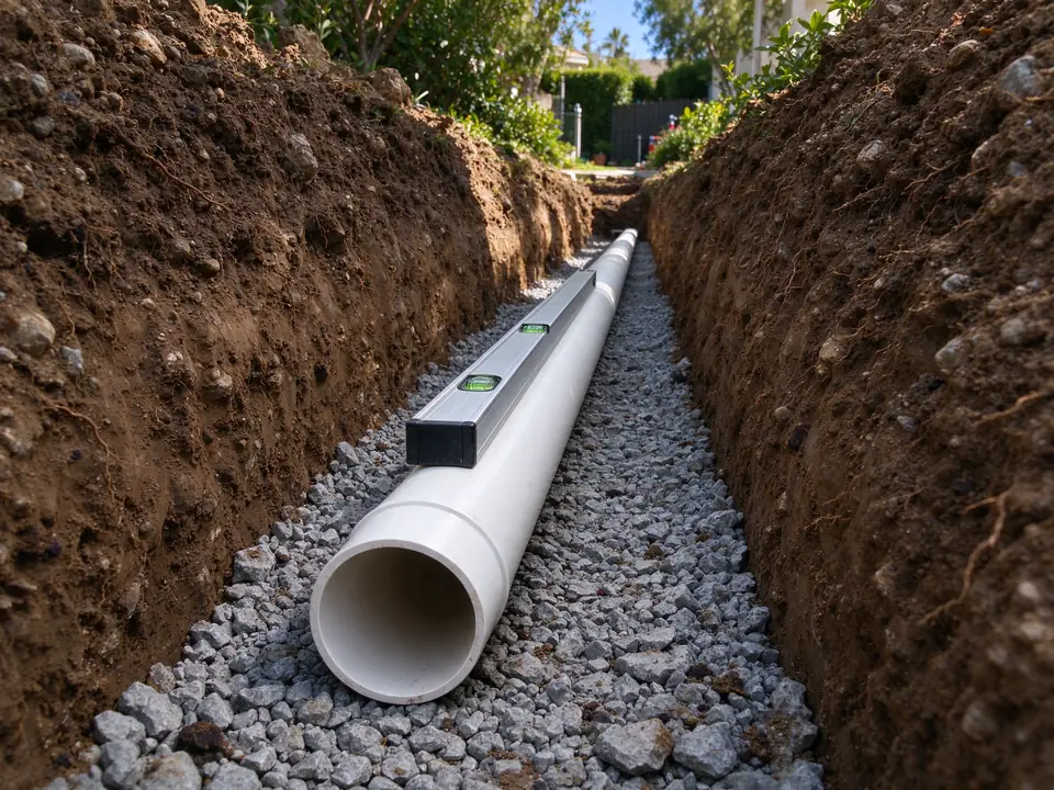 New PVC sewer pipe on evenly graded bedding checked with a level