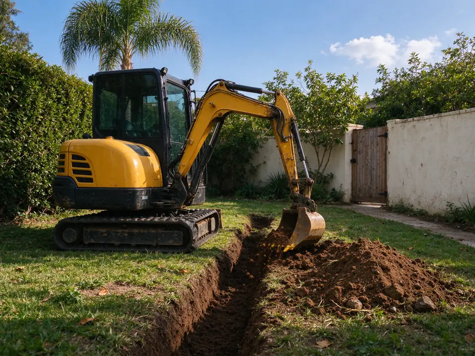 Mini excavator digging a narrow sewer trench in a Los Angeles side yard