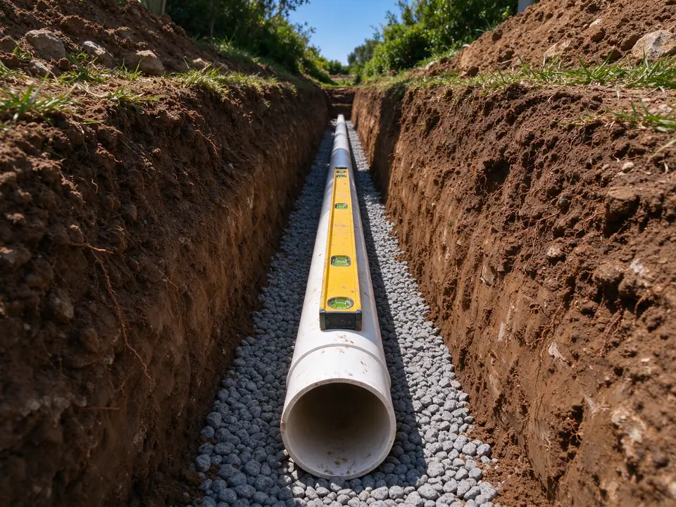 New PVC sewer pipe on gravel bedding checked for slope with a level laid along the pipe