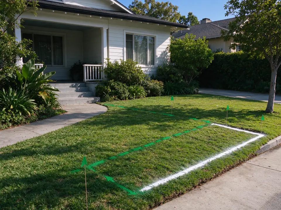 Green locate paint and flags marking a sewer lateral route across a Los Angeles lawn