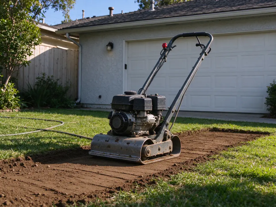 Plate compactor on a compacted, backfilled sewer trench in a Los Angeles yard