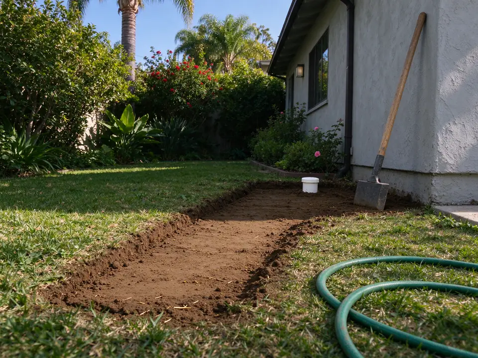 Backfilled sewer trench along the side yard of a Los Angeles stucco house, with a cleanout cap at the house end