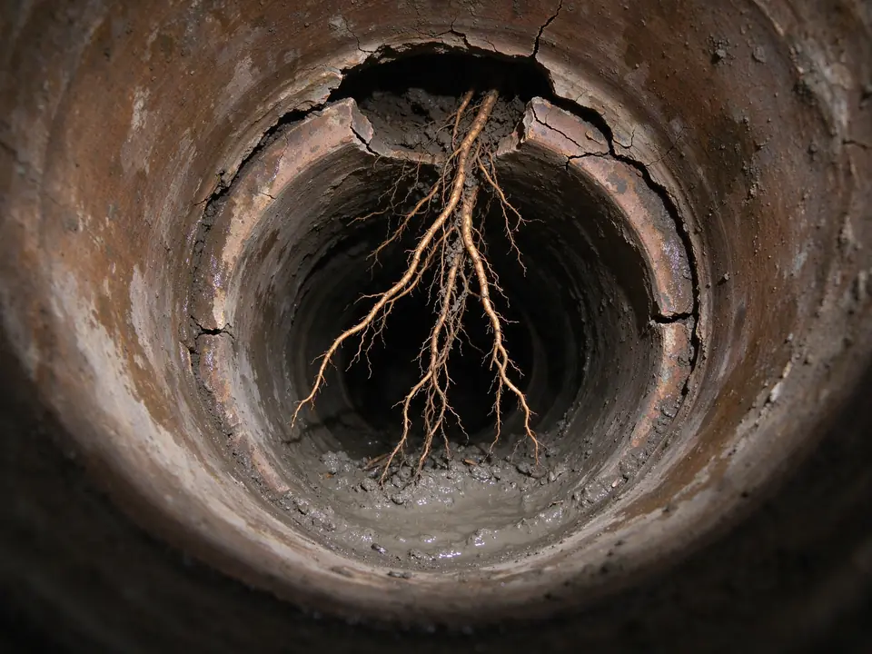 Sewer camera view of an old clay pipe with roots growing through a cracked joint