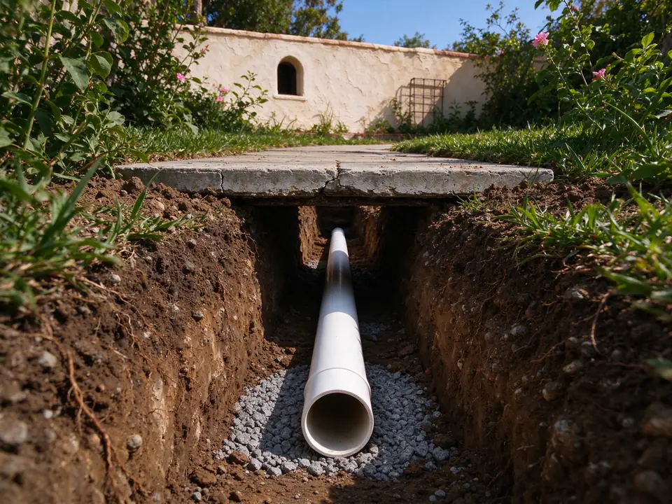 New PVC sewer lateral threaded under an intact concrete walkway in a Los Angeles yard
