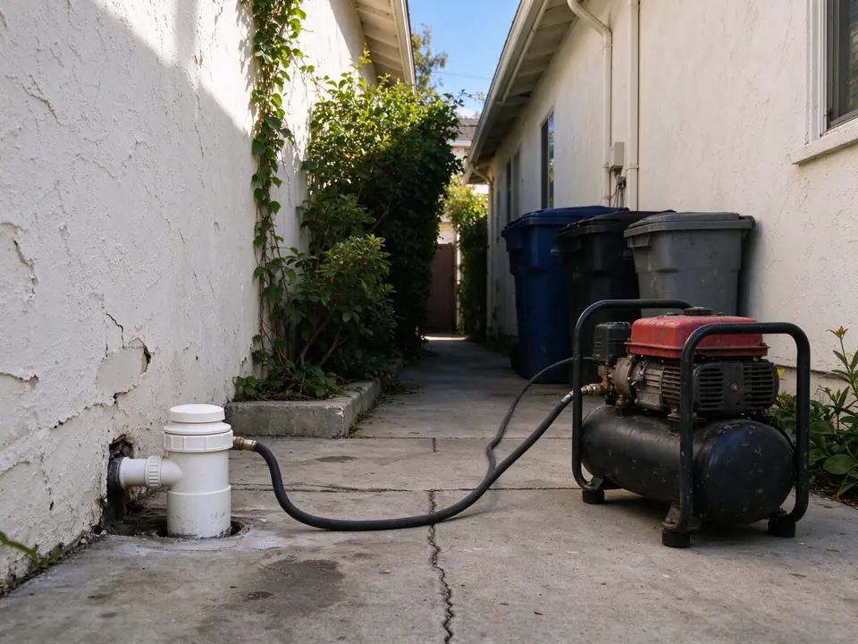 Air hose connected to a sewer cleanout in a Los Angeles side yard during liner curing
