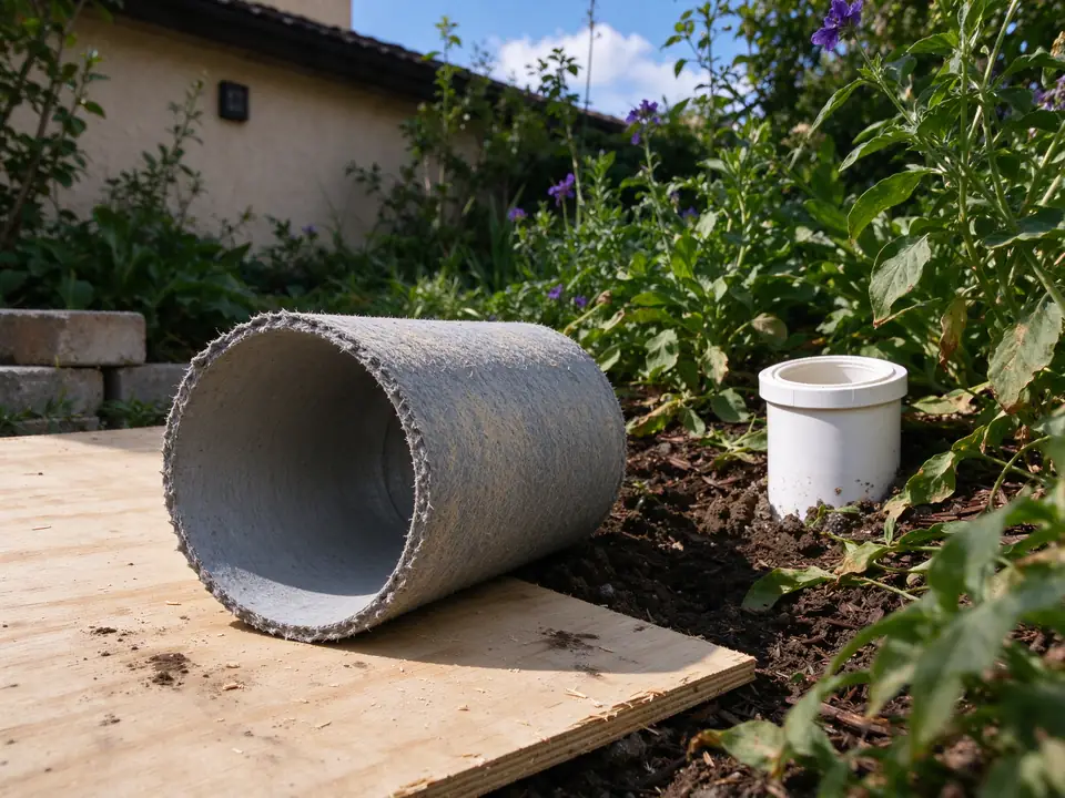 Cut-off sample of a sewer pipe liner on plywood beside a cleanout