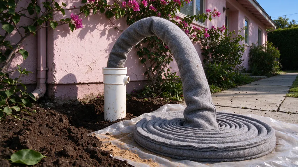 Felt liner tube fed from a coil into a sewer cleanout beside a pink Los Angeles stucco house