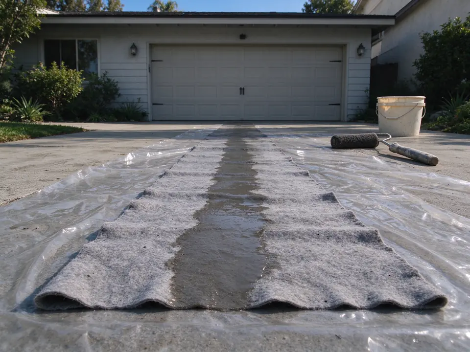 Felt liner tube laid out on plastic sheeting on a Los Angeles driveway before installation